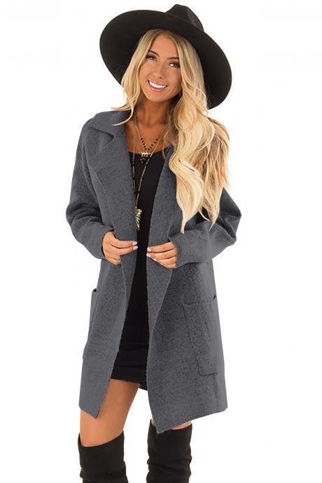 Women Woolen Coat Autumn Winter Casual Loose Pocket Long Sleeve Jacket Outwear dark gray