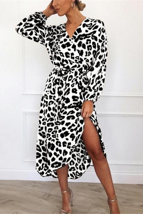 Women Leopard Dress V-Neck Long Sleeve Casual Belted Asymmetrical Long Maxi Split Party Dress 1#