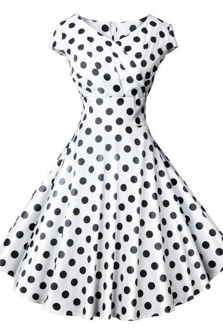 Women Casual Dress Vintage V Neck Short Sleeve Polka Dot Printed Slim A Line Formal Party Evening Dress 501