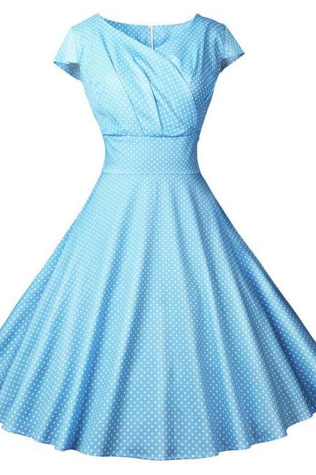 Women Casual Dress Vintage V Neck Short Sleeve Polka Dot Printed Slim A Line Formal Party Evening Dress 502