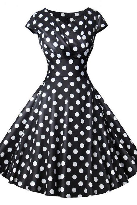 Women Casual Dress Vintage V Neck Short Sleeve Polka Dot Printed Slim A Line Formal Party Evening Dress 503