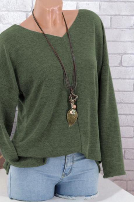 Women Knitted Sweater Autumn V Neck Long Sleeve Casual Loose Plus Size Pullover Tops green