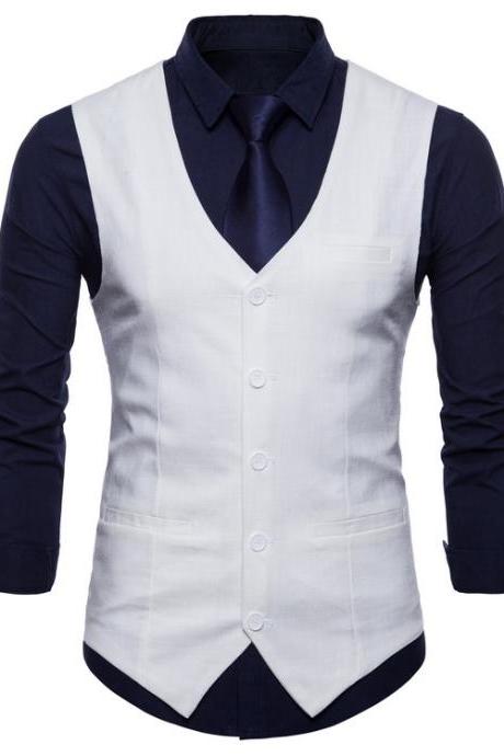 Men Suit Waistcoat V Neck Vest Jacket Single Breasted Casual Slim Fit Sleeveless Coat Off White
