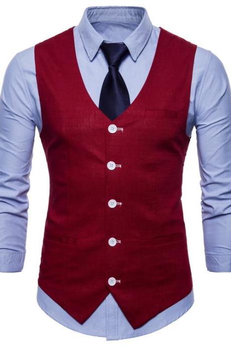Men Suit Waistcoat V Neck Vest Jacket Single Breasted Casual Slim Fit Sleeveless Coat crimson