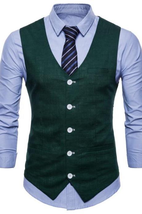 Men Suit Waistcoat V Neck Vest Jacket Single Breasted Casual Slim Fit Sleeveless Coat Hunter Green