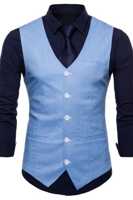 Men Suit Waistcoat V Neck Vest Jacket Single Breasted Casual Slim Fit Sleeveless Coat light blue