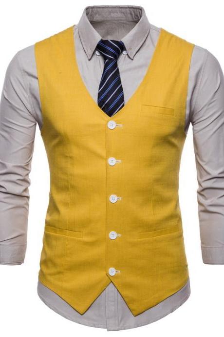Men Suit Waistcoat V Neck Vest Jacket Single Breasted Casual Slim Fit Sleeveless Coat yellow