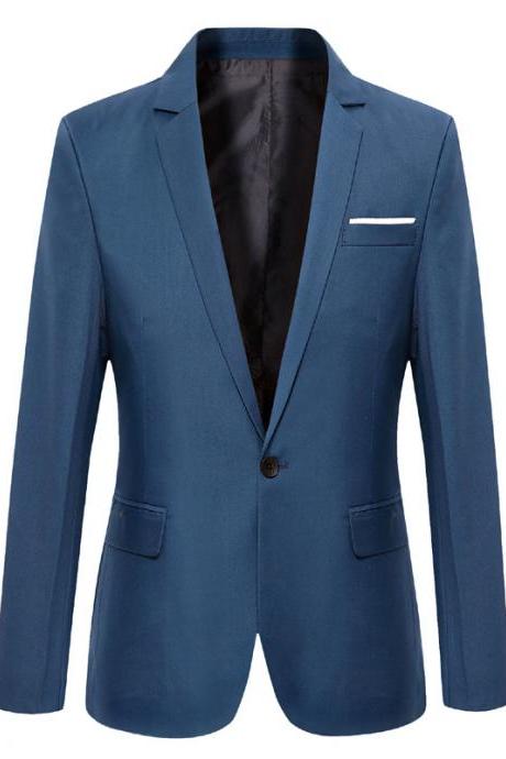 Men Blazer Coat Long Sleeve One Button Casual Business Slim Fit Suit Jacket Blue