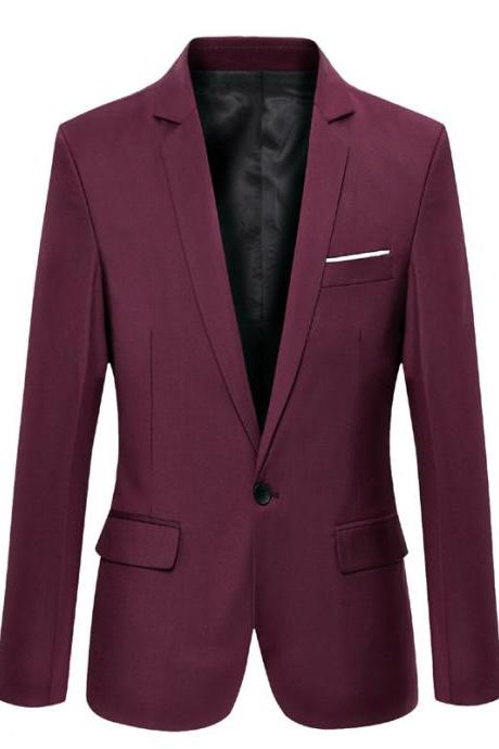 Men Blazer Coat Long Sleeve One Button Casual Business Slim Fit Suit Jacket crimson