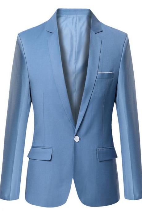 Men Blazer Coat Long Sleeve One Button Casual Business Slim Fit Suit Jacket Sky Blue