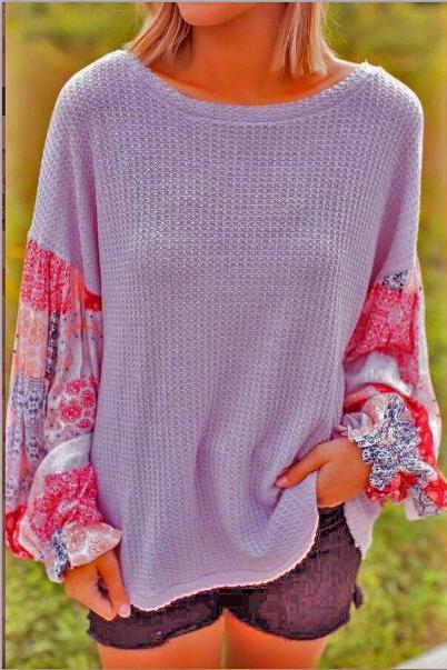 Women Knitted Sweater Autumn Long Lantern Sleeve Patchwork Casual Loose Pullovers Tops Lilac