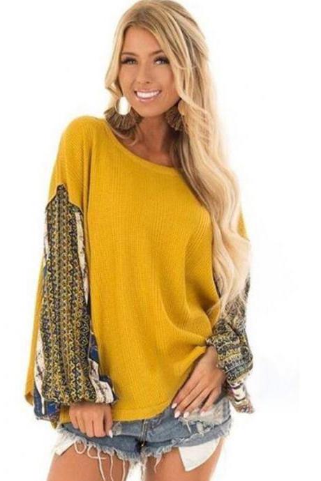 Women Knitted Sweater Autumn Long Lantern Sleeve Patchwork Casual Loose Pullovers Tops yellow