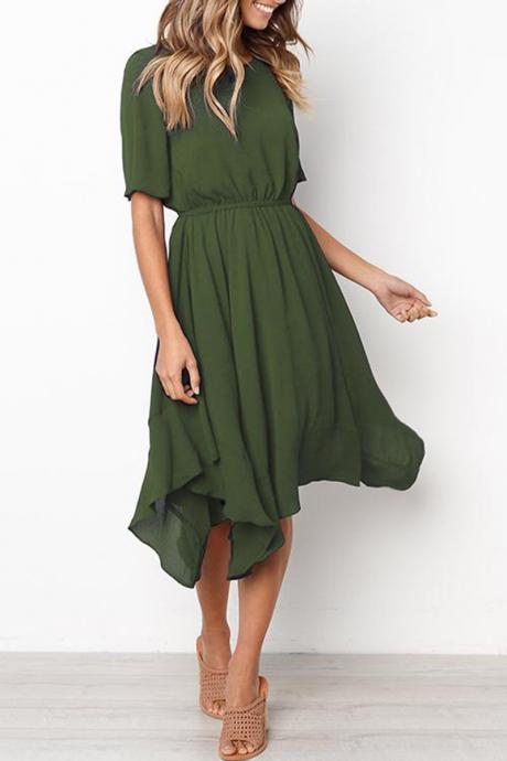 Women Asymmetrical Dress Summer Short Sleeve Elastic Waist Streetwear Casual Dress green