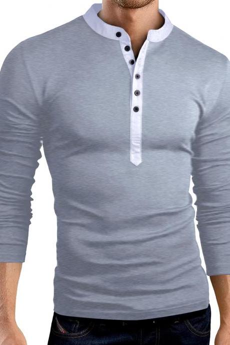 Men Long Sleeve T Shirt Spring Autumn V Neck Button Slim Fit Casual Tops gray