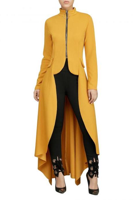 Women Asymmetrical Dress Turtleneck Zipper Long Sleeve Casual Maxi Club Party Dress Yellow
