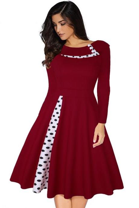  Women Polka Dot Patchwork Dress Long Sleeve Vintage Rockabilly A Line Formal Party Dress wine red
