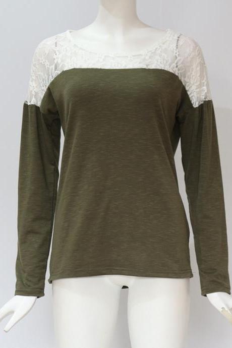 Women Long Sleeve T Shirt Spring Autumn Lace Patchwork Casual Pullover Tops army green