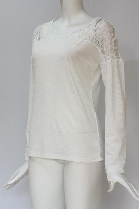 Women Long Sleeve T Shirt Spring Autumn Lace Patchwork Casual Pullover Tops off white