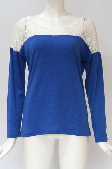 Women Long Sleeve T Shirt Spring Autumn Lace Patchwork Casual Pullover Tops royal blue