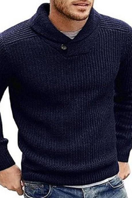 Men Knitted Sweater Autumn Winter Slim Warm Long Sleeve Casual Pullover Tops navy blue