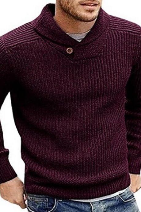 Men Knitted Sweater Autumn Winter Slim Warm Long Sleeve Casual Pullover Tops wine red