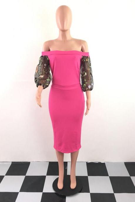Women Pencil Dress Off Shoulder Half Lantern Sleeve Knee Length Bodycon Party Dress deep pink