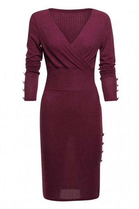 Women Knitted Pencil Dress V Neck Long Sleeve Rivet Button Bodycon Club Party Dress Wine Red