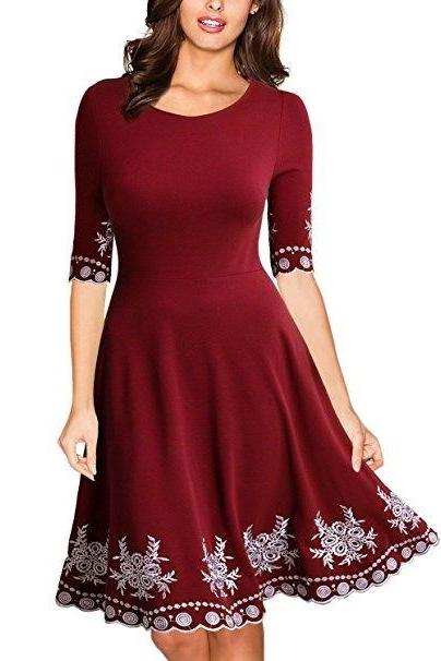 Women Floral Printed Dress Casual Short Sleeve Rockabilly Swing A Line Formal Party Dress wine red