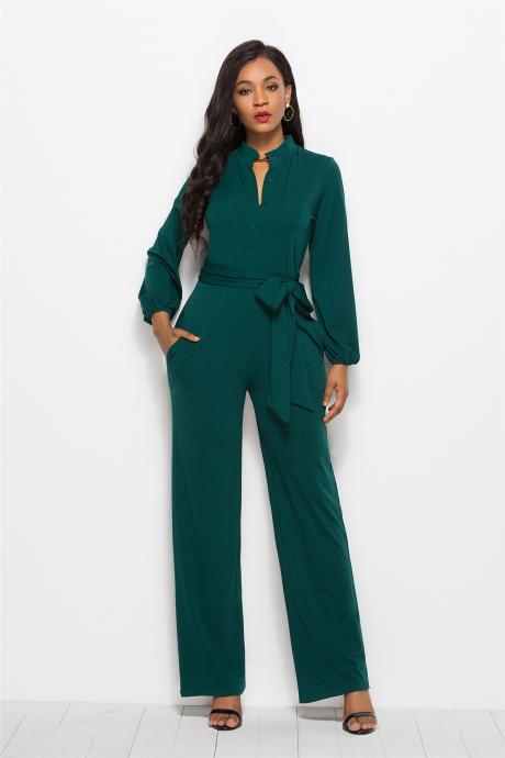 Women Wide Leg Jumpsuit Buttons Long Sleeve Streetwear Casual Loose Romper Overalls hunter green