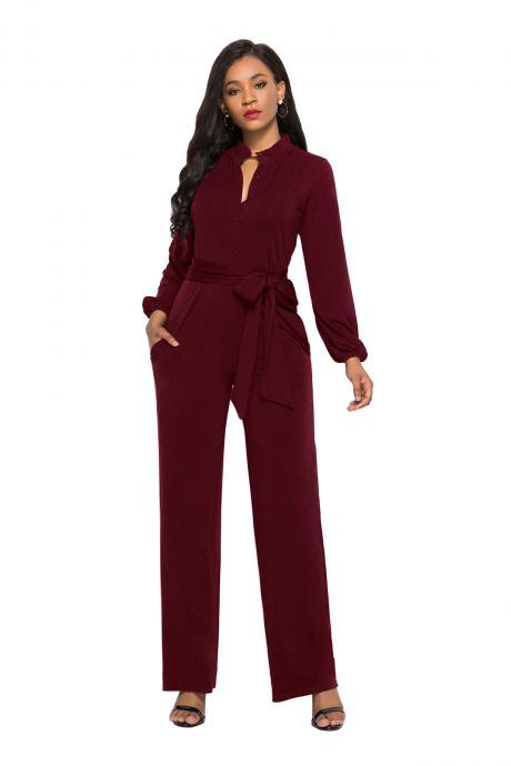 Women Wide Leg Jumpsuit Buttons Long Sleeve Streetwear Casual Loose Romper Overalls wine red
