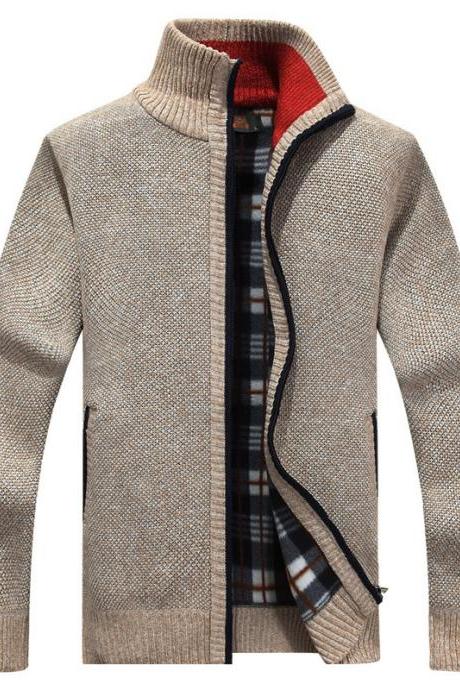  Men Sweater Coat Autumn Winter Warm Thick Zipper Casual Fleece Knitted Cardigan Jacket beige
