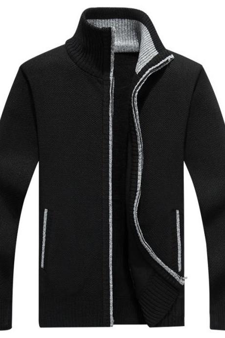 Men Sweater Coat Autumn Winter Warm Thick Zipper Casual Fleece Knitted Cardigan Jacket black