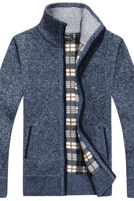 Men Sweater Coat Autumn Winter Warm Thick Zipper Casual Fleece Knitted Cardigan Jacket blue