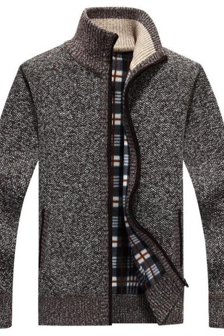 Men Sweater Coat Autumn Winter Warm Thick Zipper Casual Fleece Knitted Cardigan Jacket coffee
