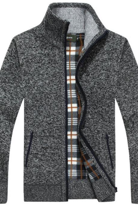 Men Sweater Coat Autumn Winter Warm Thick Zipper Casual Fleece Knitted Cardigan Jacket dark gray