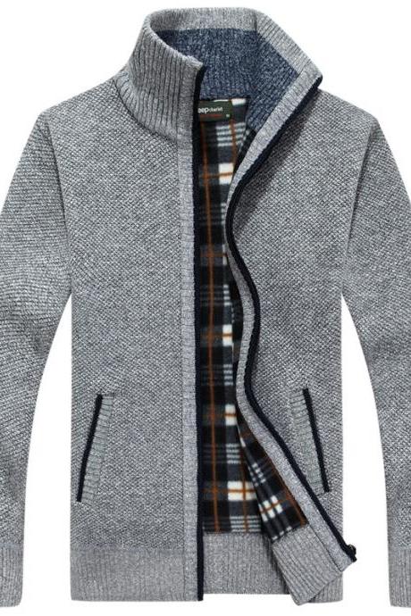 Men Sweater Coat Autumn Winter Warm Thick Zipper Casual Fleece Knitted Cardigan Jacket gray