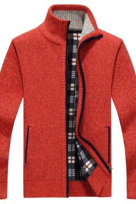 Men Sweater Coat Autumn Winter Warm Thick Zipper Casual Fleece Knitted Cardigan Jacket red