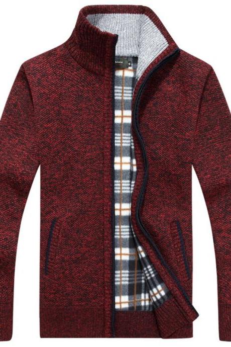 Men Sweater Coat Autumn Winter Warm Thick Zipper Casual Fleece Knitted Cardigan Jacket wine red