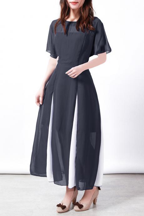 Women Maxi Dress Short Sleeve Patchwork Summer Casual Chiffon Long Dress black