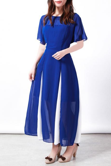 Women Maxi Dress Short Sleeve Patchwork Summer Casual Chiffon Long Dress royal blue