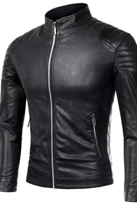 Men Faux PU Leather Coat Spring Autumn Long Sleeve Zipper Slim Fit Motorcycle Biker Jacket Outerwear black