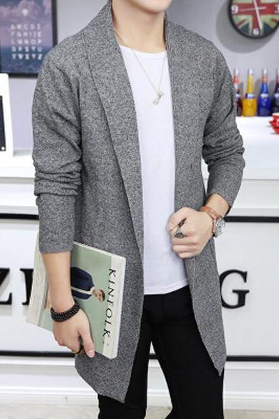 Men Sweater Coat Spring Autumn Long Sleeve Casual Slim Knitted Cardigan Jacket Outerwear Gray