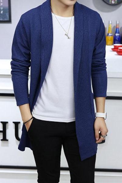 Men Sweater Coat Spring Autumn Long Sleeve Casual Slim Knitted Cardigan Jacket Outerwear royal blue