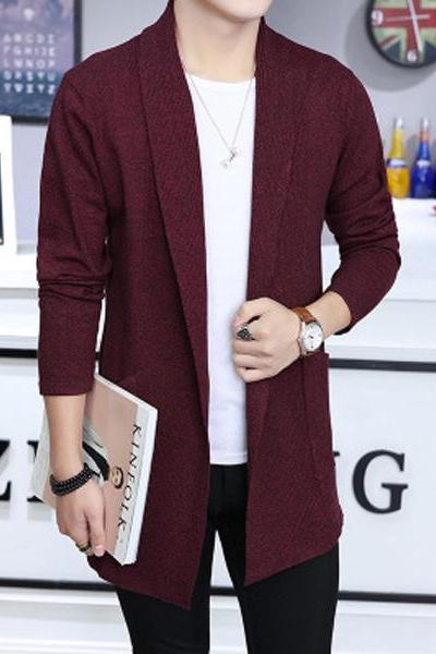 Men Sweater Coat Spring Autumn Long Sleeve Casual Slim Knitted Cardigan Jacket Outerwear wine red