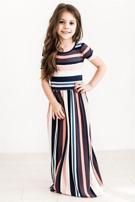  Striped Flower Girl Dress Short Sleeve Formal Birthday Long Party Gown Children Kids Clothes salmon
