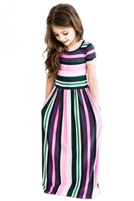 Striped Flower Girl Dress Short Sleeve Formal Birthday Long Party Gown Children Kids Clothes pink