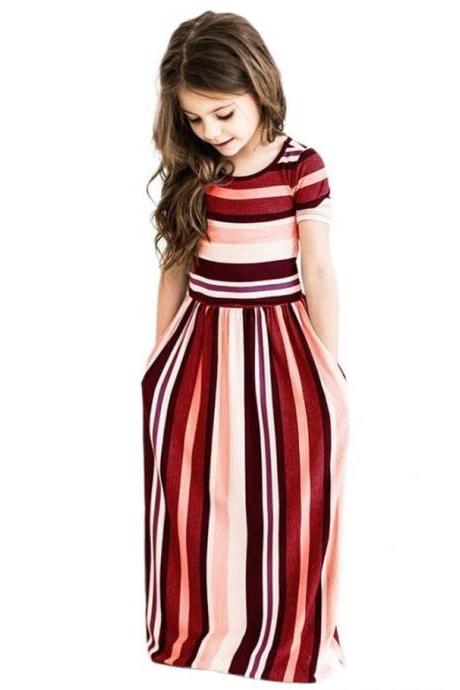 Striped Flower Girl Dress Short Sleeve Formal Birthday Long Party Gown Children Kids Clothes wine red