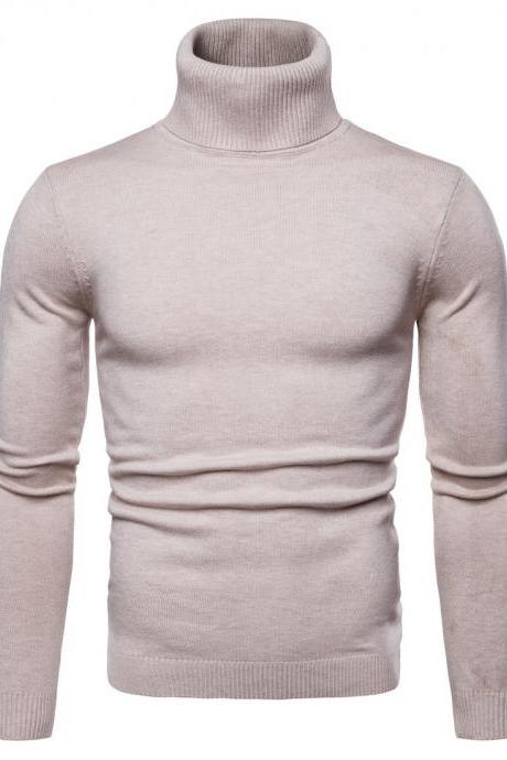 Men Knitted Sweater Autumn Winter Turtleneck Long Sleeve Casual Slim Pullover Tops Beige