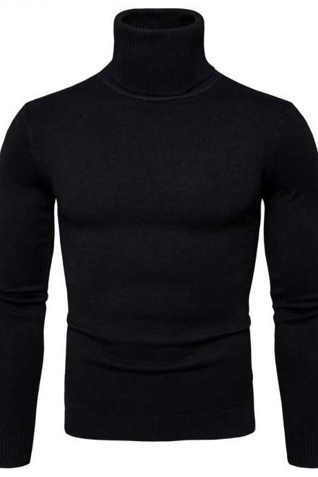 Men Knitted Sweater Autumn Winter Turtleneck Long Sleeve Casual Slim Pullover Tops Black