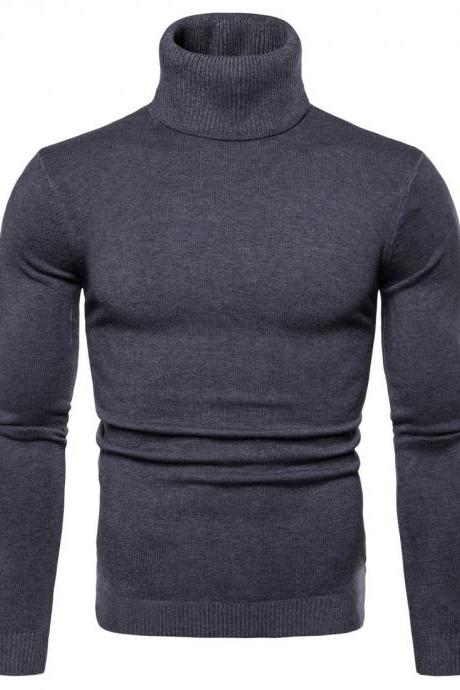 Men Knitted Sweater Autumn Winter Turtleneck Long Sleeve Casual Slim Pullover Tops dark gray
